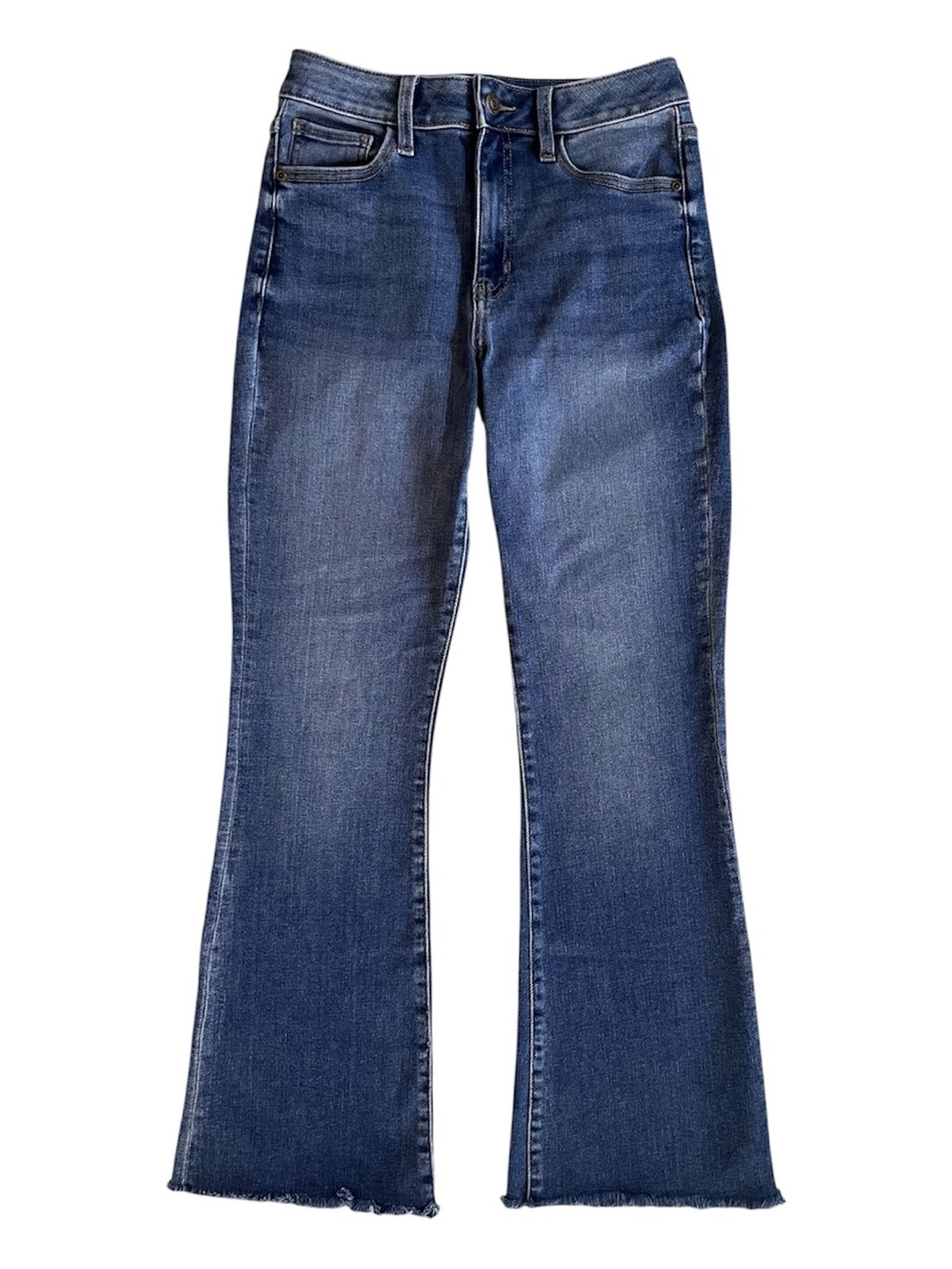 Women’s high rise Flare denim blue Jeans Harper Size 24 EUC raw frayed hem